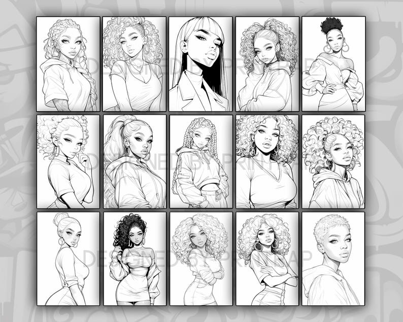 May include: A digital illustration of 12 black and white line drawings of women with different hairstyles and clothing. The women are all looking at the viewer.