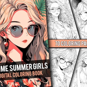 アニメ サマー ガールズ 70 ページ かわいいマンガぬりえ、子供と大人向けのファンタジー グレースケールぬりえ、即時ダウンロード、印刷可能な PDF