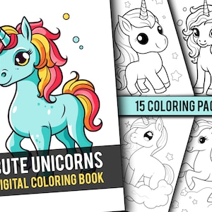 Cute Unicorn Coloring Pages for Children, Unicorn Printables, 15 Page Book, Instant Download, Printable PDF