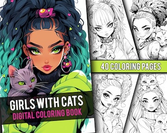 Può includere: Copertina di un libro da colorare digitale con un'illustrazione di una donna con occhi verdi e capelli turchese che tiene in braccio un gatto grigio. Il testo "GIRLS WITH CATS DIGITAL COLORING BOOK" è visualizzato. Il libro include 40 pagine da colorare.