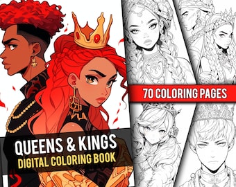 Anime Queens and Kings Coloring Book 70 Page Manga Fantasy Coloring Pages for Children & Adults, Instant Download, Printable PDF