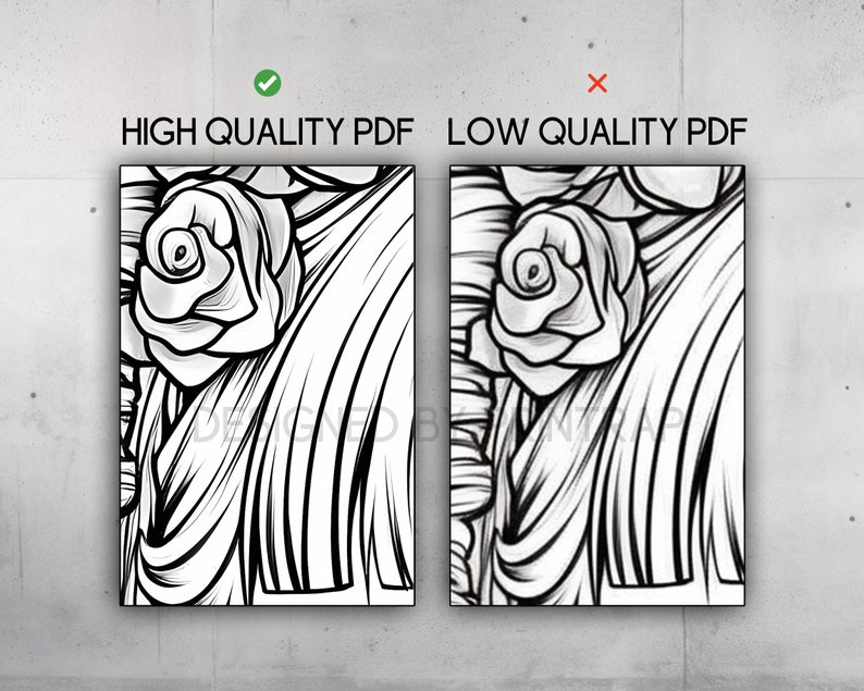 May include: A side-by-side comparison of two images showing the difference between a high quality PDF and a low quality PDF. The image on the left is sharp and detailed, while the image on the right is blurry and pixelated.