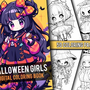 Livre de coloriage pour filles Halloween Chibi, 50 pages, pages à colorier fantastiques manga pour enfants et adultes, téléchargement immédiat, PDF imprimable
