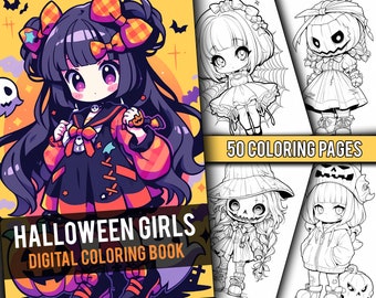 Anime Chibi Halloween Girls Coloring Book 50 Page Cute Manga Fantasy Coloring Pages for Children & Adults, Instant Download, Printable PDF