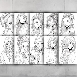 May include: A set of eight black and white illustrations of women with different hairstyles and tattoos. Each illustration is framed in a white border.