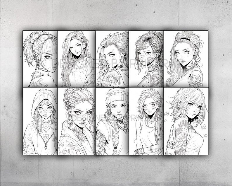 May include: A set of eight black and white illustrations of women with different hairstyles and tattoos. Each illustration is framed in a white border.