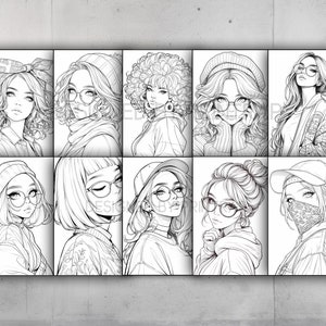 May include: A set of eight black and white line drawings of women with different hairstyles and accessories, including hats, glasses, and headbands. The drawings are in a minimalist style and would be suitable for coloring.