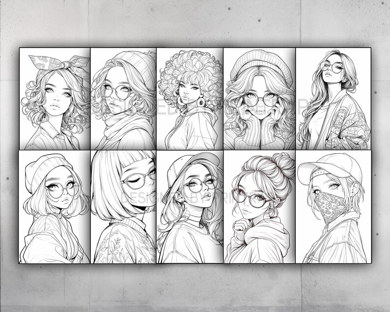 May include: A set of eight black and white line drawings of women with different hairstyles and accessories, including hats, glasses, and headbands. The drawings are in a minimalist style and would be suitable for coloring.