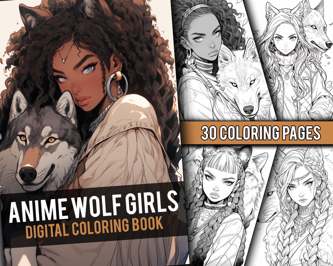 Anime Beautiful Wolf Girls Coloring Book 30 Page Manga Fantasy Anime ...