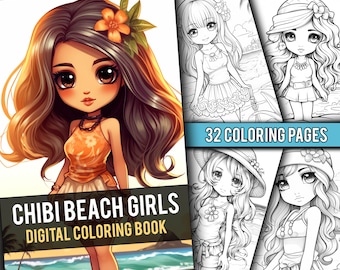 Anime Cute Chibi Beach Girls 32 Page Manga Coloring Book, Greyscale Coloring Pages for Children & Adults, Instant Download, Printable PDF