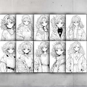 May include: A digital illustration of nine different anime girls with curly hair, each wearing a different outfit. The girls are all drawn in black and white.
