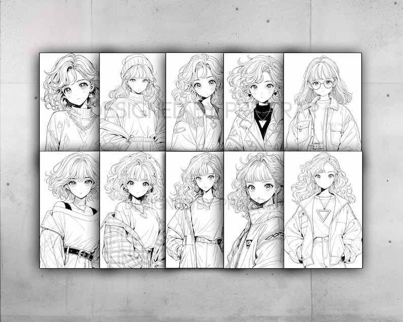 May include: A digital illustration of nine different anime girls with curly hair, each wearing a different outfit. The girls are all drawn in black and white.