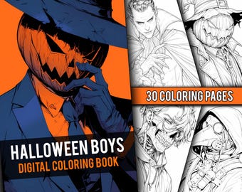 Anime Halloween Boys Coloring Book 30 Page Manga Fantasy Horror Anime Coloring Pages for Adults & Children, Instant Download, Printable PDF