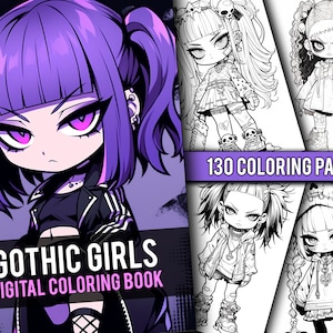 Gothic Chibi Girls Coloring Book 130 Page Cute Manga Anime Fantasy Coloring Pages para niños y adultos, Descarga instantánea, PDF imprimible