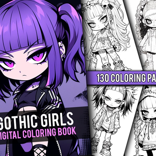 Gothic Chibi Girls Coloring Book 130 Page Cute Manga Anime Fantasy Coloring Pages for Children & Adults, Instant Download, Printable PDF