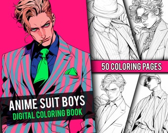 Anime Suit Boys Coloring Book 50 Page Cute Manga Fantasy Anime Coloring Pages for Adults & Children, Instant Download, Printable PDF