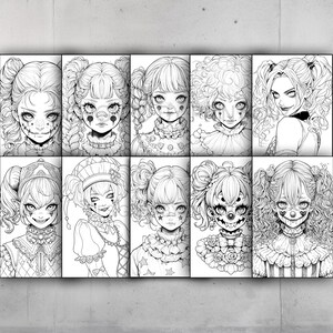 May include: A set of 10 black and white illustrations of anime-style girls with clown makeup and hairstyles. The girls are wearing various outfits, including dresses, shirts, and pants. The illustrations are in a grid format, with each illustration taking up a square space.