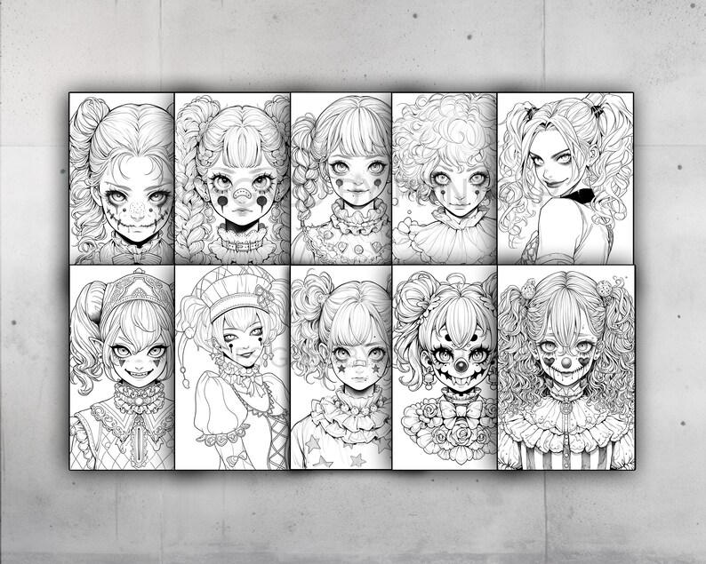 May include: A set of 10 black and white illustrations of anime-style girls with clown makeup and hairstyles. The girls are wearing various outfits, including dresses, shirts, and pants. The illustrations are in a grid format, with each illustration taking up a square space.