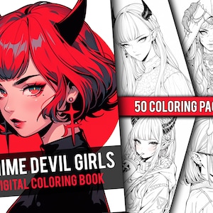 Pode incluir: Um livro de colorir digital com 50 páginas para colorir de garotas demônio de anime. A capa apresenta uma garota de cabelo vermelho com chifres e um fundo vermelho.