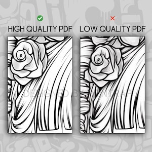 May include: Two images side-by-side showing the difference between a high quality PDF and a low quality PDF. The image on the left is sharp and clear, while the image on the right is blurry and pixelated. Both images show a black and white illustration of a rose.