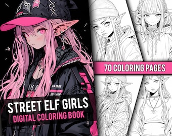 Anime Street Elf Girls Coloring Book 70 Pagina Manga Fantasy Anime Kleurplaten voor volwassenen en kinderen, Instant Download, Afdrukbare PDF