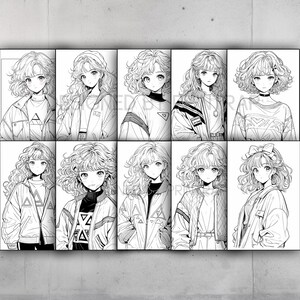 May include: A digital illustration of a young woman with curly hair, wearing a variety of outfits. The woman is depicted in different poses and expressions, showcasing different styles of clothing.