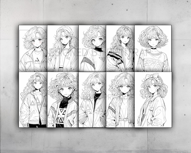 May include: A digital illustration of a young woman with curly hair, wearing a variety of outfits. The woman is depicted in different poses and expressions, showcasing different styles of clothing.