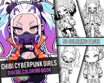 Libro para colorear Anime Chibi Cyberpunk Girls, 70 páginas, lindas páginas para colorear de fantasía manga para niños y adultos, descarga instantánea, PDF imprimible