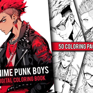 Anime Punk Boys Coloring Book 50 Page Manga Fantasy Greyscale Coloring Pages for Children & Adults, Instant Download, Printable PDF