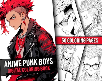 Anime Punk Boys Coloring Book 50 Page Manga Fantasy Greyscale Coloring Pages for Children & Adults, Instant Download, Printable PDF