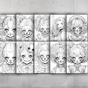 May include: A set of nine black and white line drawings of female characters with clown makeup and hairstyles. The characters are all wearing different outfits, including dresses, shirts, and pants. Some of the characters are holding objects, such as a baseball bat and a flower.