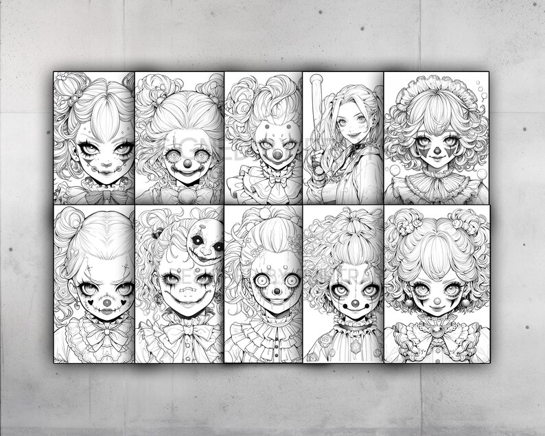 May include: A set of nine black and white line drawings of female characters with clown makeup and hairstyles. The characters are all wearing different outfits, including dresses, shirts, and pants. Some of the characters are holding objects, such as a baseball bat and a flower.