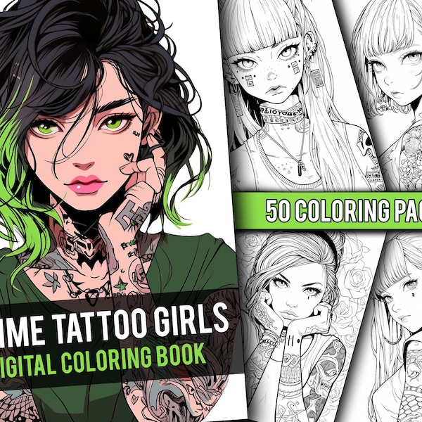 Anime Tattoo Girls Coloring Book 50 Page Manga Fantasy Anime Coloring Pages for Adults & Children, Instant Download, Printable PDF