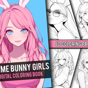 Anime Bunny Girls Coloring Book 60 Page Cute Manga Fantasy Anime Coloring Pages for Adults & Children, Instant Download, Printable PDF