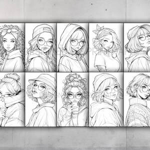 May include: A digital coloring page featuring ten black and white illustrations of women with different hairstyles and clothing. Each illustration is framed in a square.