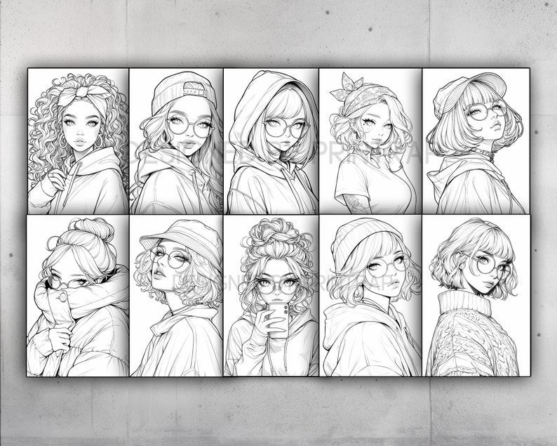 May include: A digital coloring page featuring ten black and white illustrations of women with different hairstyles and clothing. Each illustration is framed in a square.