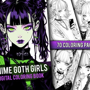 Anime Goth Girls Coloring Book 70 Page Manga Fantasy Greyscale Coloring Pages for Children & Adults, Instant Download, Printable PDF