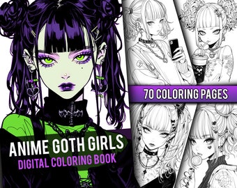 Anime Goth Girls Coloring Book 70 Page Manga Fantasy Greyscale Coloring Pages for Children & Adults, Instant Download, Printable PDF