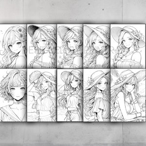 May include: A black and white print featuring ten anime-style illustrations of young women. Each woman is depicted with long hair and wearing a sun hat. The artwork is displayed on a white background.