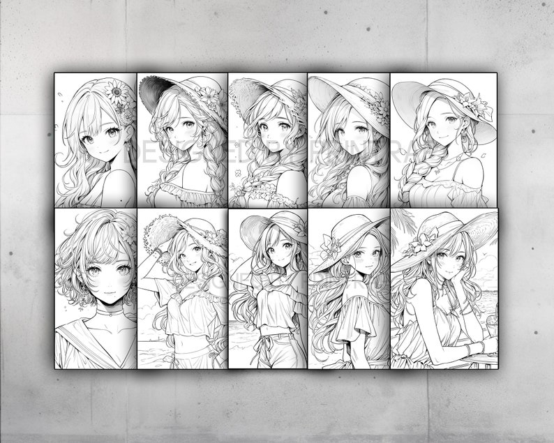 May include: A black and white print featuring ten anime-style illustrations of young women. Each woman is depicted with long hair and wearing a sun hat. The artwork is displayed on a white background.