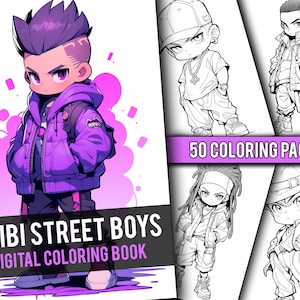Anime Chibi Street Boys Coloring Book 50 Page Cute Manga Fantasy Coloring Pages for Children & Adults, Instant Download, Printable PDF