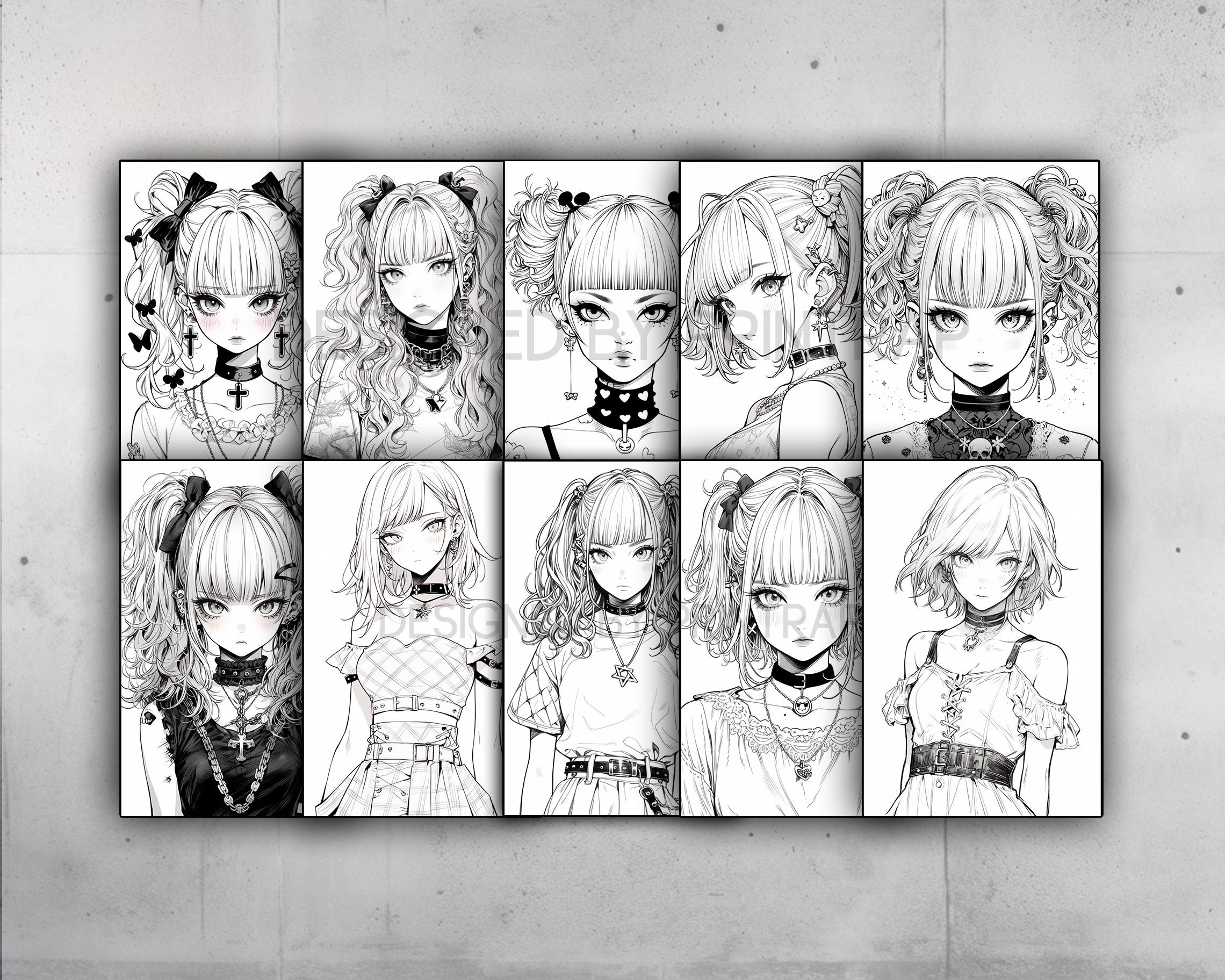 Anime Goth Girls Coloring Book 70 Page Manga Fantasy Greyscale Coloring ...