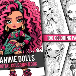 Anime Dolls Coloring Book 100 Page Cute Manga Fantasy Anime Coloring Pages for Adults & Children, Instant Download, Printable PDF