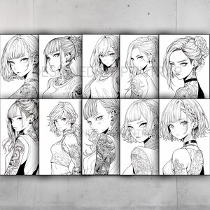 Anime Tattoo Girls Coloring Book 50 Page Manga Fantasy Anime Coloring Pages for Adults & Children, Instant Download, Printable PDF image 4