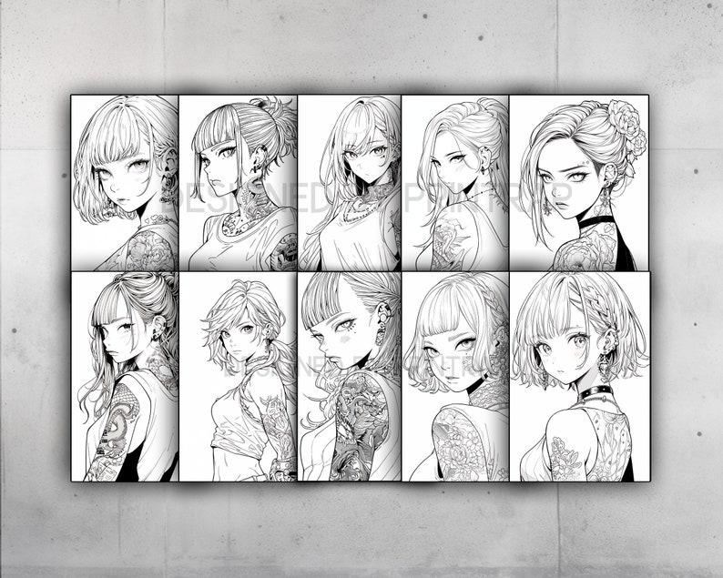 Anime Tattoo Girls Coloring Book 50 Page Manga Fantasy Anime Coloring Pages for Adults & Children, Instant Download, Printable PDF image 4