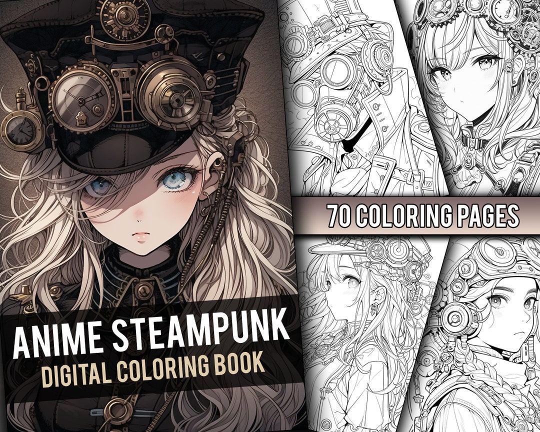 Anime Steampunk Coloring Book 70 Page Cute Manga Fantasy Greyscale ...