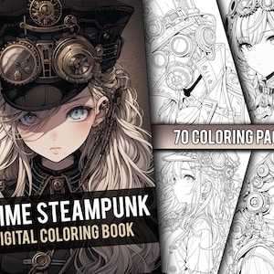 Anime Steampunk Coloring Book 70 Page Cute Manga Fantasy Greyscale Coloring Pages for Children & Adults, Instant Download, Printable PDF