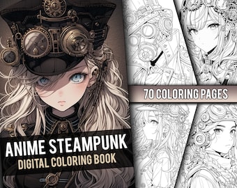 Anime Steampunk kleurboek 70 pagina schattig Manga Fantasy grijswaarden kleurplaten voor kinderen en volwassenen, Instant Download, afdrukbare PDF