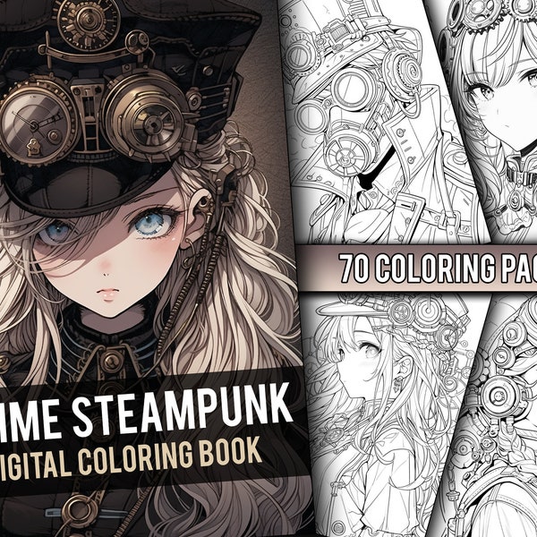 Anime Steampunk Coloring Book 70 Page Cute Manga Fantasy Greyscale Coloring Pages for Children & Adults, Instant Download, Printable PDF