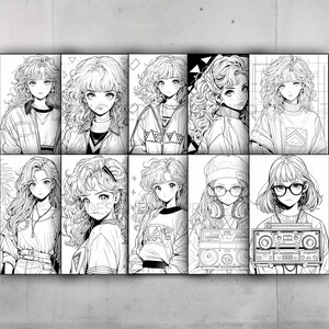 May include: A digital illustration of nine anime-style girls with different hairstyles and outfits. The girls are drawn in black and white and have a variety of expressions.